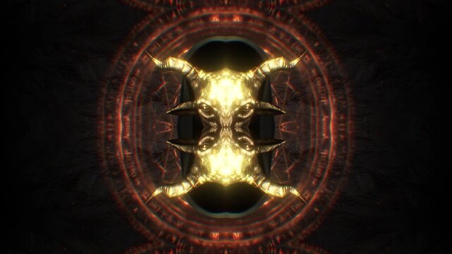 A looping abstract background featuring strange golden horns that merge in and out of each other, with esoteric elements and glowing lines with embers.
