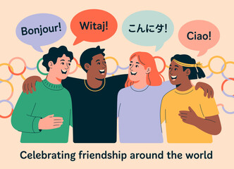 A group of diverse friends, smiling and celebrating friendship, showcasing the importance of unity and connection across cultures with greetings in various languages. © James