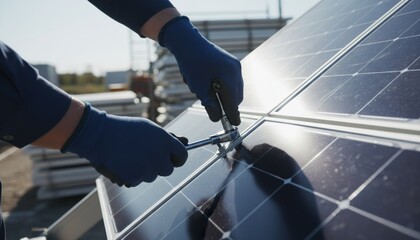 Worker installing solar panels, using tools to secure connections on a bright day, showcasing renewable energy technology.