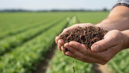 A person holds soil in their hands with a small plant sprouting, set against a backdrop of green fields.