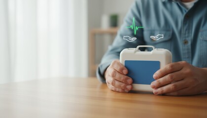 A person holds a portable device with health monitoring symbols, sitting at a wooden table in a well-lit indoor space.
