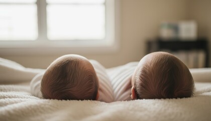 Two babies with similar hairstyles lie closely together on a soft bed, creating a serene and intimate scene in a bright room.