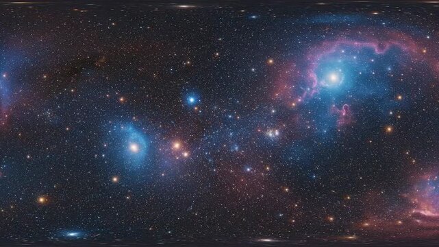 Panoramic view of a colorful nebula filled with twinkling stars in a dark cosmic space.