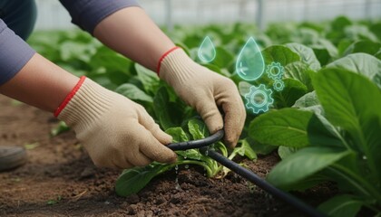 A person is handling irrigation equipment in a greenhouse, surrounded by lush green plants and water-related graphics.