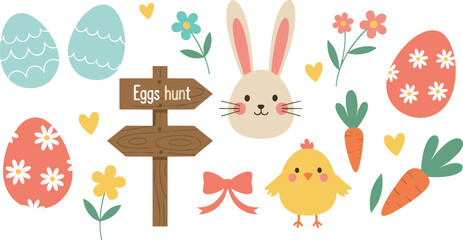 Cute Easter elements set with bunny eggs chick carrots flowers and egg hunt sign vector illustration © Sumon Creative