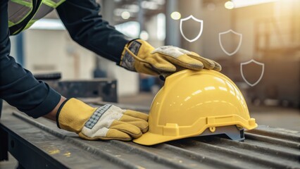 A worker adjusts a yellow hard hat on a table, emphasizing safety in a construction or industrial setting.