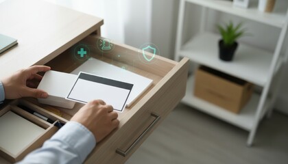 A person organizing documents in a drawer, with icons representing health and security, in a modern workspace.