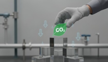A hand places a green leaf with "CO2" on transparent blocks, symbolizing carbon capture and environmental sustainability in a modern setting.