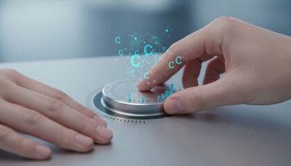 A hand interacts with a futuristic control knob, surrounded by digital symbols and graphs, symbolizing technology and data management.