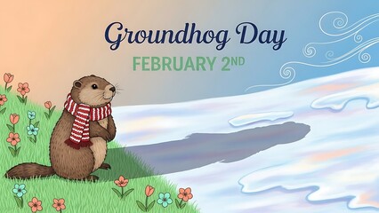 Groundhog day celebration on february 2nd with cartoon groundhog