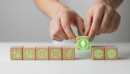 Hands arranging eco-themed wooden blocks, featuring symbols of sustainability and environmental awareness.