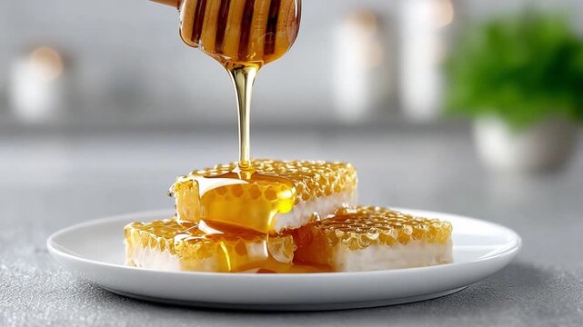 Golden Nectar: Honey drizzling gracefully over honeycomb slices, creating a visually rich tableau of pure, sweet indulgence.