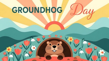 Groundhog day celebration with cartoon groundhog emerging from burrow