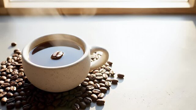Warm cup of coffee surrounded by roasted beans on a bright windowsill evoking a cozy morning ritual and inviting atmosphere for lifestyle content