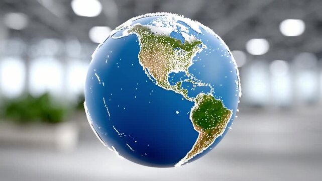 Global Perspective: A 3D rendered globe, showcasing the intricate details of Earth's continents and oceans, floats weightlessly against a blurred industrial backdrop.