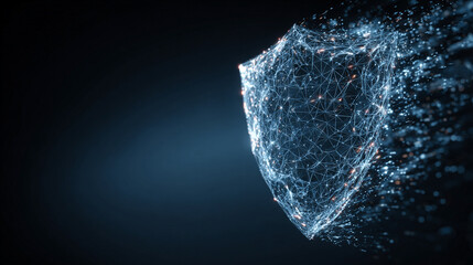3D futuristic low poly guard shield symbol glowing on a dark blue background, representing cybersecurity, data protection, and modern digital wireframe design.

