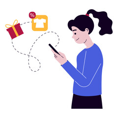 Woman Online shopping and E-commerce concept set. Sale, orders, online payment, delivery, loyalty program