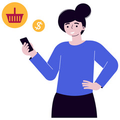 Woman Online shopping and E-commerce concept set. Sale, orders, online payment, delivery, loyalty program