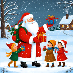 Santa Claus giving presents to children in winter snow landscape  
