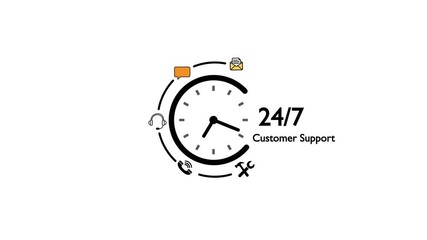 24/7 clock with surrounding communication symbols and the text customer support on a white background representing constant availability for client assistance. - Powered by Adobe