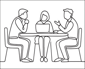 Three people discussing at a table with laptop