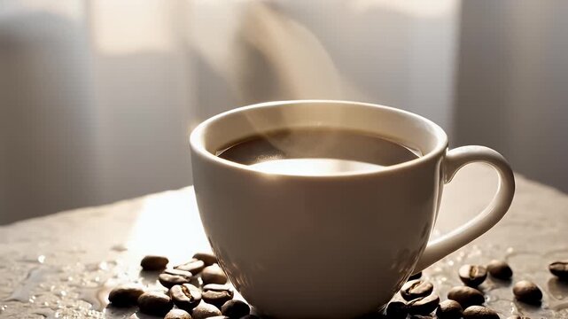 Warm morning light illuminates a cup of freshly brewed coffee surrounded by roasted beans creating a cozy and inviting atmosphere for relaxation and productivity