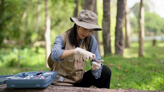 Asian adult woman conducts botanical field research collecting plant soil samples in natural park environment using scientific equipment for ecological study
