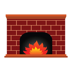 Brick Fireplace Illustration with Burning Flames