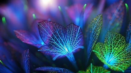 Mesmerizing abstract bioluminescent leaves radiate brilliant neon light, showcasing intricate vein networks in a dark, mysterious botanical realm