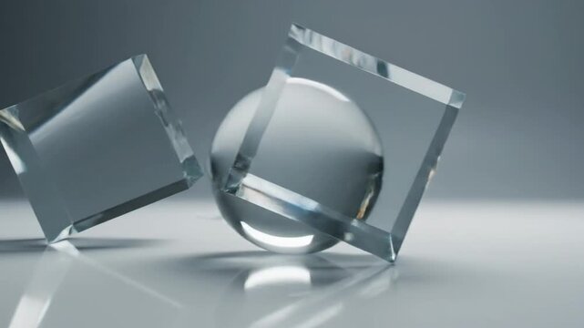Geometric Glass Shapes Intersecting on Reflective Surface