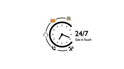 24/7 get in touch symbol featuring a clock face and diverse communication arranged in a circle on a white backdrop signifying continuous accessibility and client engagement. - Powered by Adobe