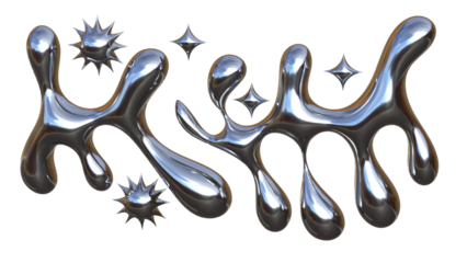 3D Chrome Liquid Fluid Abstract Metallic Shapes with Star Elements on Transparent Background for Futuristic Brutalist Modern Illustration