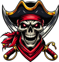 Fototapeta premium Pirate skull emblem with tricorn hat red bandana crossed swords
