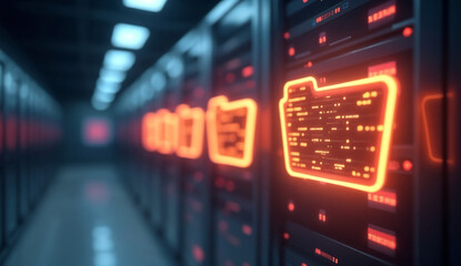 Glowing files floating in digital space, emphasizing the flow and management of data.