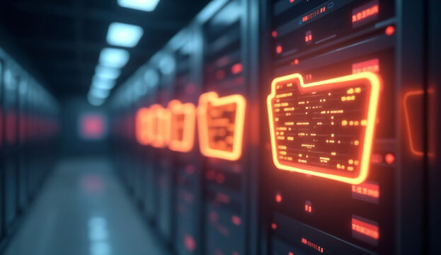 Glowing files floating in digital space, emphasizing the flow and management of data.
