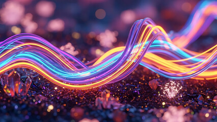 Mesmerizing abstract landscape of glowing digital waves flowing through a vibrant futuristic cybernetic environment with luminous particles and energy streams