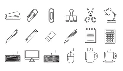 Set of office supplies and stationery icons in line art style for business and education