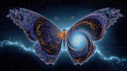 A visually striking and highly detailed geometric representation of the 'Butterfly Effect' from chaos theory. 