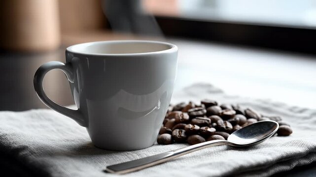 Steaming cup of coffee with roasted beans and a spoon on linen cloth a cozy morning still life evoking warmth relaxation and a moment of peaceful indulgence