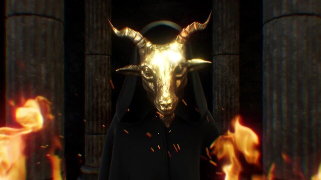 A mysterious robed hooded figure stood in a dark stone temple, wearing a golden goat mask and slowly tilting it's head upwards, surrounded by glowing flames and embers.
