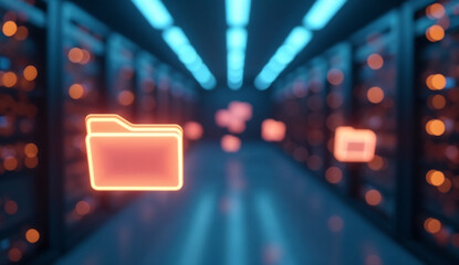 Glowing files floating in digital space, emphasizing the flow and management of data.
