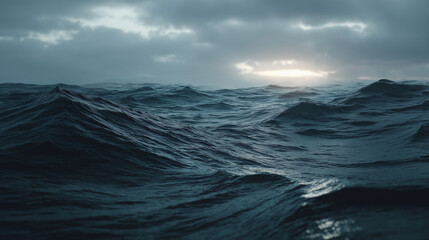 Dramatic dark blue ocean waves under a cloudy sky