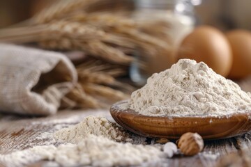 Whole wheat flour on wooden plate with ears, eggs, sack and nutmeg on rustic wooden table