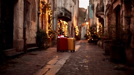 A Europeanstyle alleyway illuminated by festive lights, with a couple of suitcases adorned with Santa hats, suggesting a holiday setting. The scene is characterized by its rustic charm.
