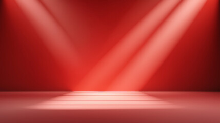 Empty red studio room background with bright spotlight beams for product presentation mockup