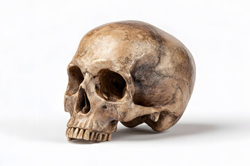 Detailed human skull displayed on a plain surface showing its anatomical features and structure in a well-lit environment
