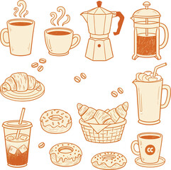 Breakfast or brunch with coffee and croissant doodle, whimsical coffee line art doodle sketch, coffee, tea, egg, croissant, pancakes, bread, avocado, sandwich, vector outline illustration