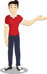 Cartoon Character Clipart &ndash; Person in Red Shirt and Blue Pants Gesturing with One Arm on Gray Background