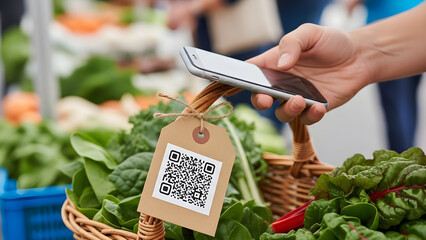 Hand scanning QR code on fresh produce basket at market