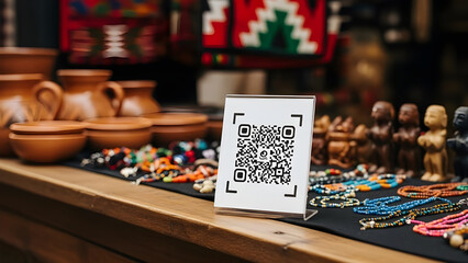 QR code on a table with colorful beads and clay pots
